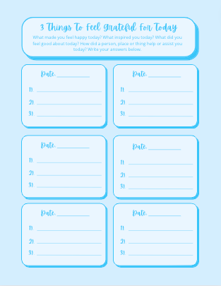 Sky Blue 3 Things Daily Gratitude Worksheet