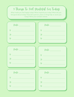 Green 3 Things Daily Gratitude Worksheet