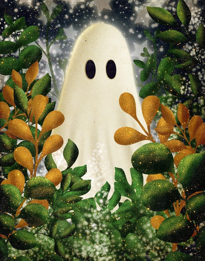 Sweet picture of a baby ghost in some fall foliage. 