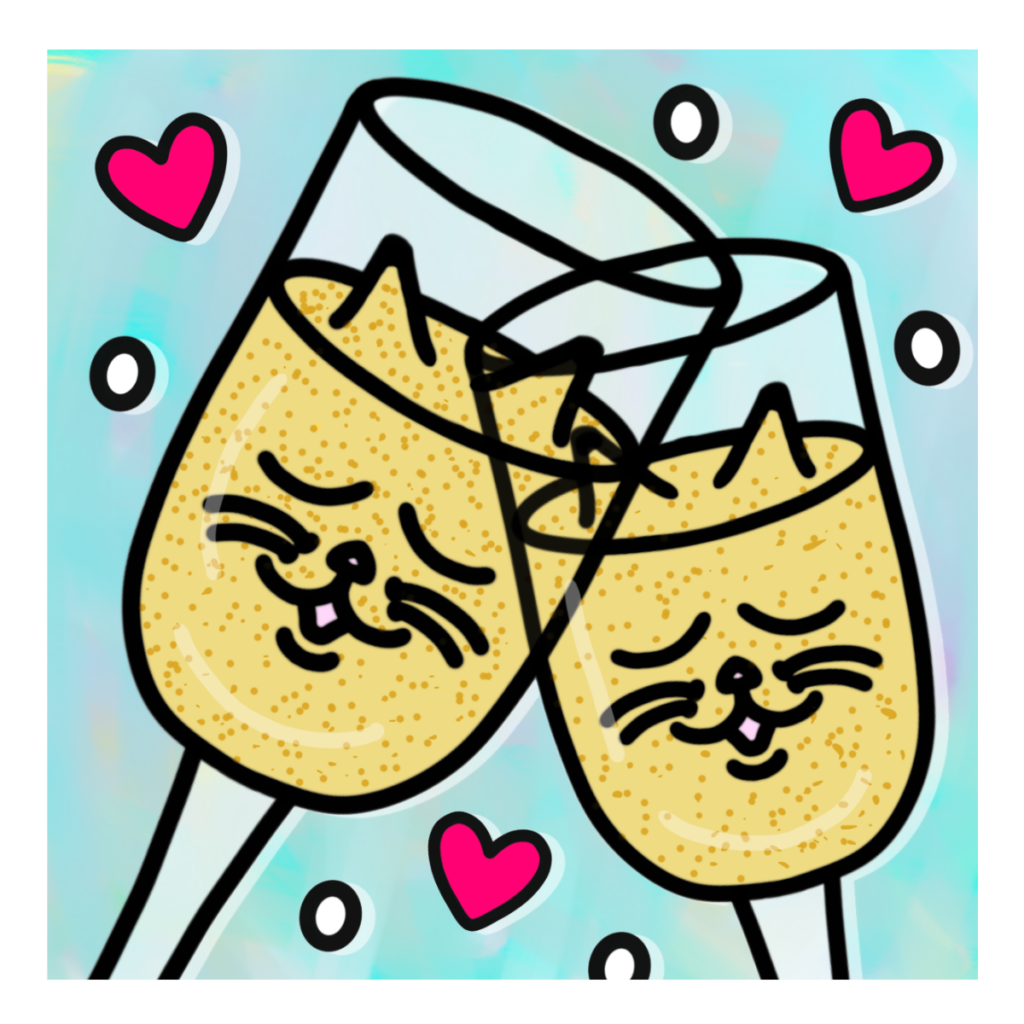 Cat Face Champagne Glasses & Hearts