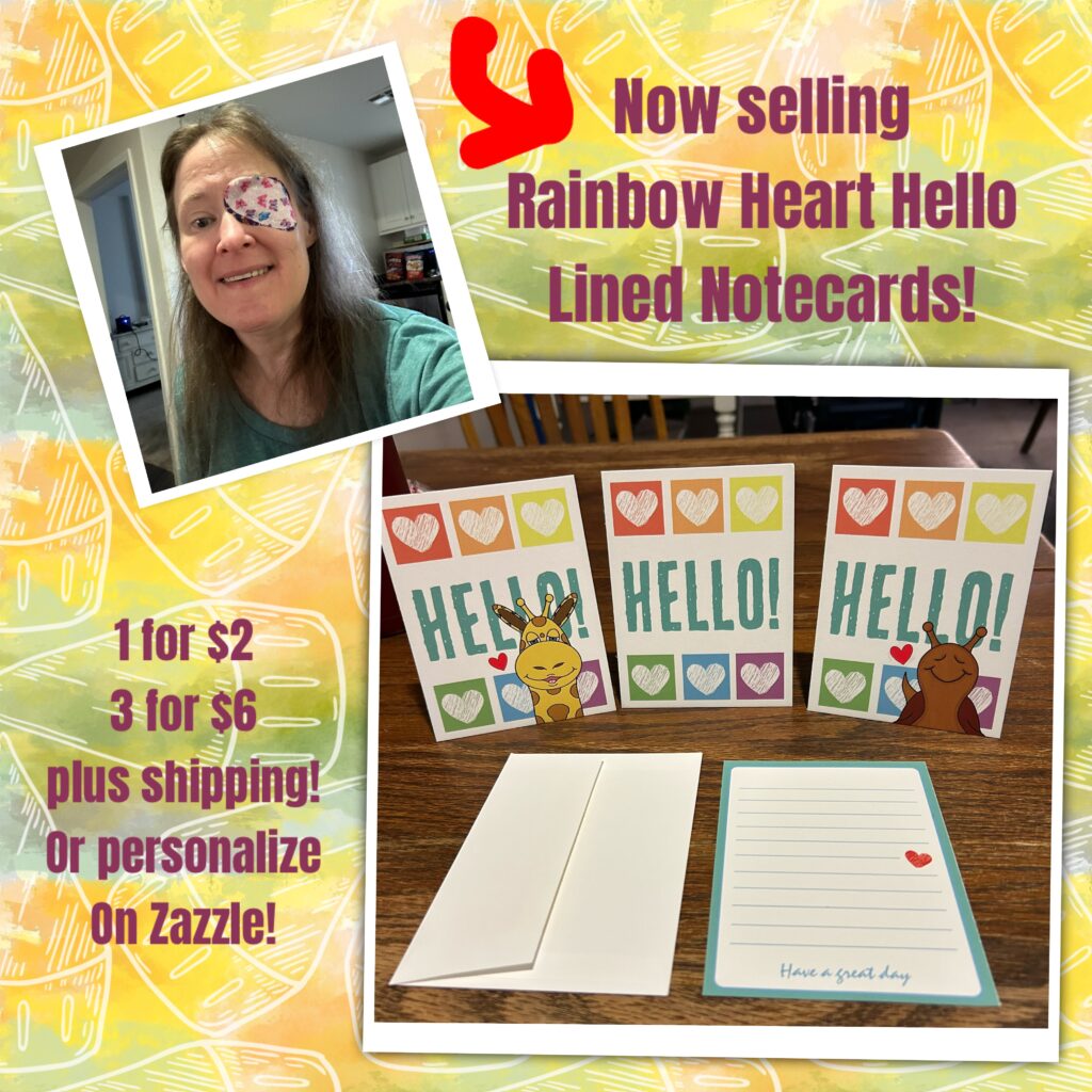 Cute Giraffe And Snail Rainbow Heart Grid Hello Note Cards - $2 per card, $6 for all 3. Comes with envelopes. Stamps included for $1 each upon request. Message on the card says "Have a great day!"
