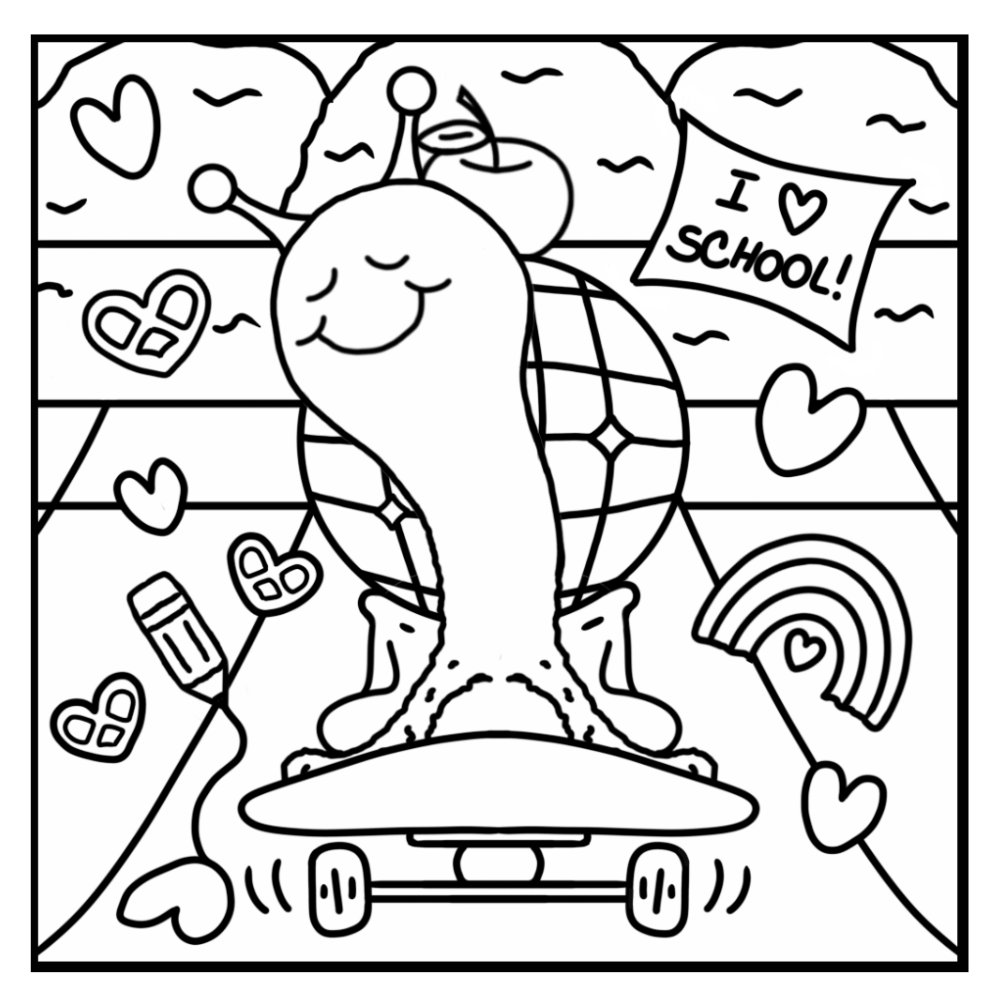 Cute Snail Skateboards To School Coloring Page