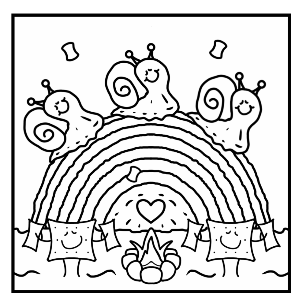 Cute Snails Crossing Rainbow Log Fall Campfire Coloring Page