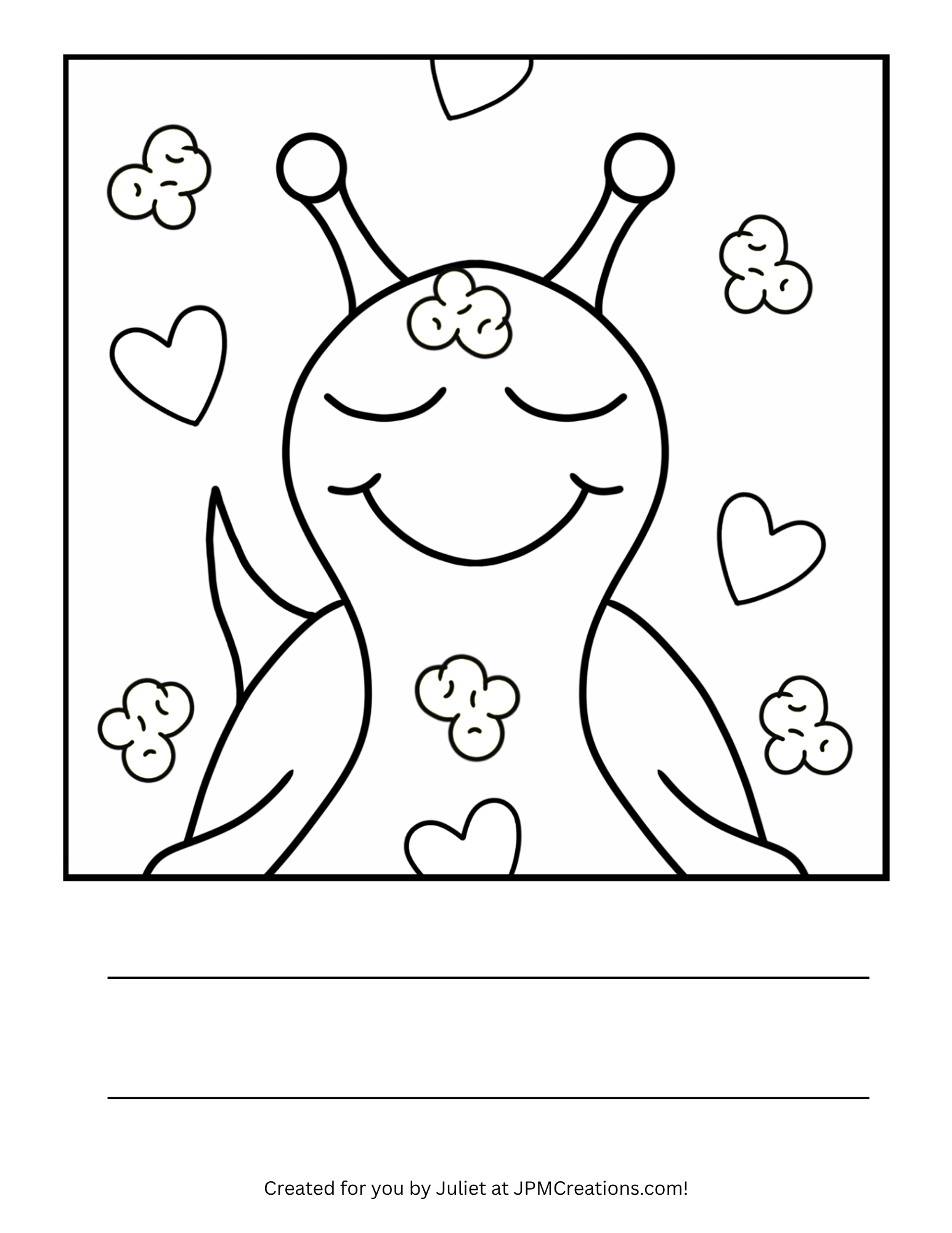 FREE: Cute Snail With Popcorn And Hearts Coloring Page (Letter Size)