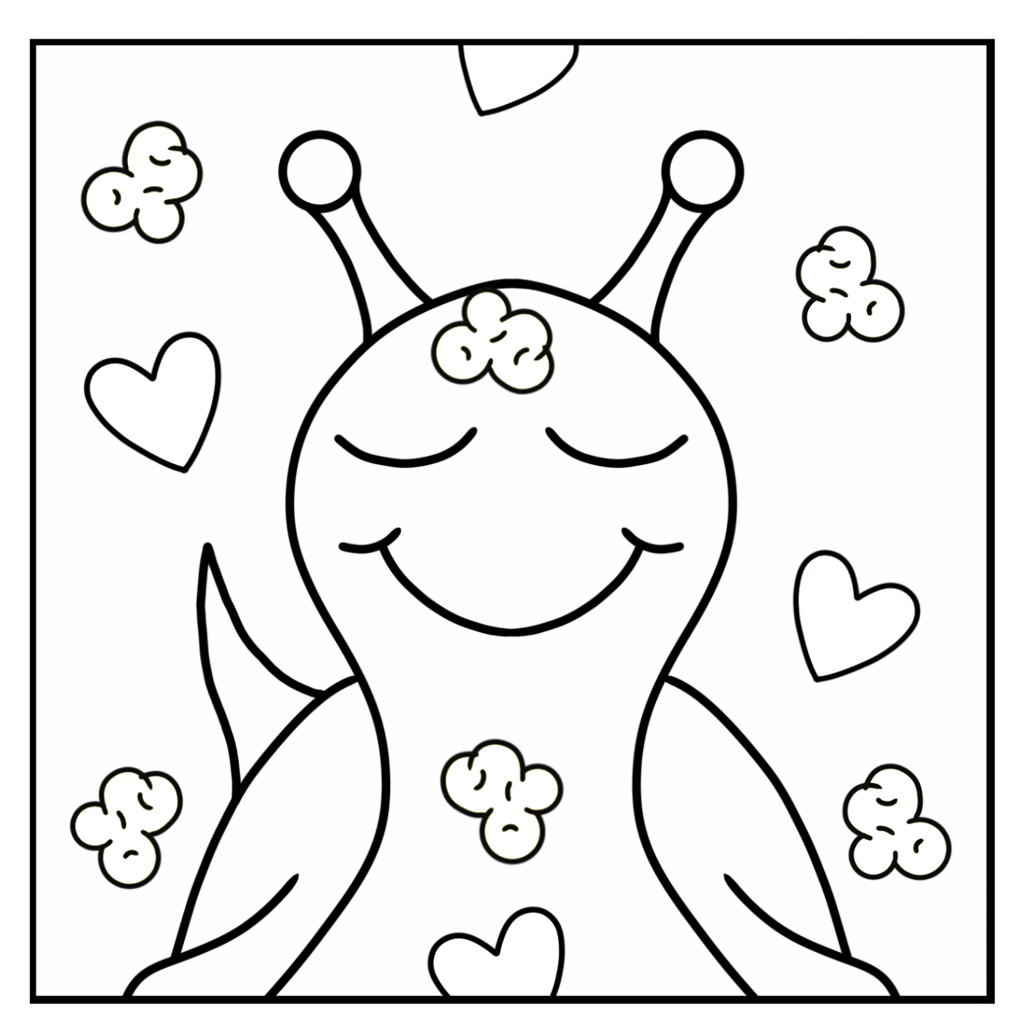 Cute Snail Popcorn And Hearts Square Coloring Page