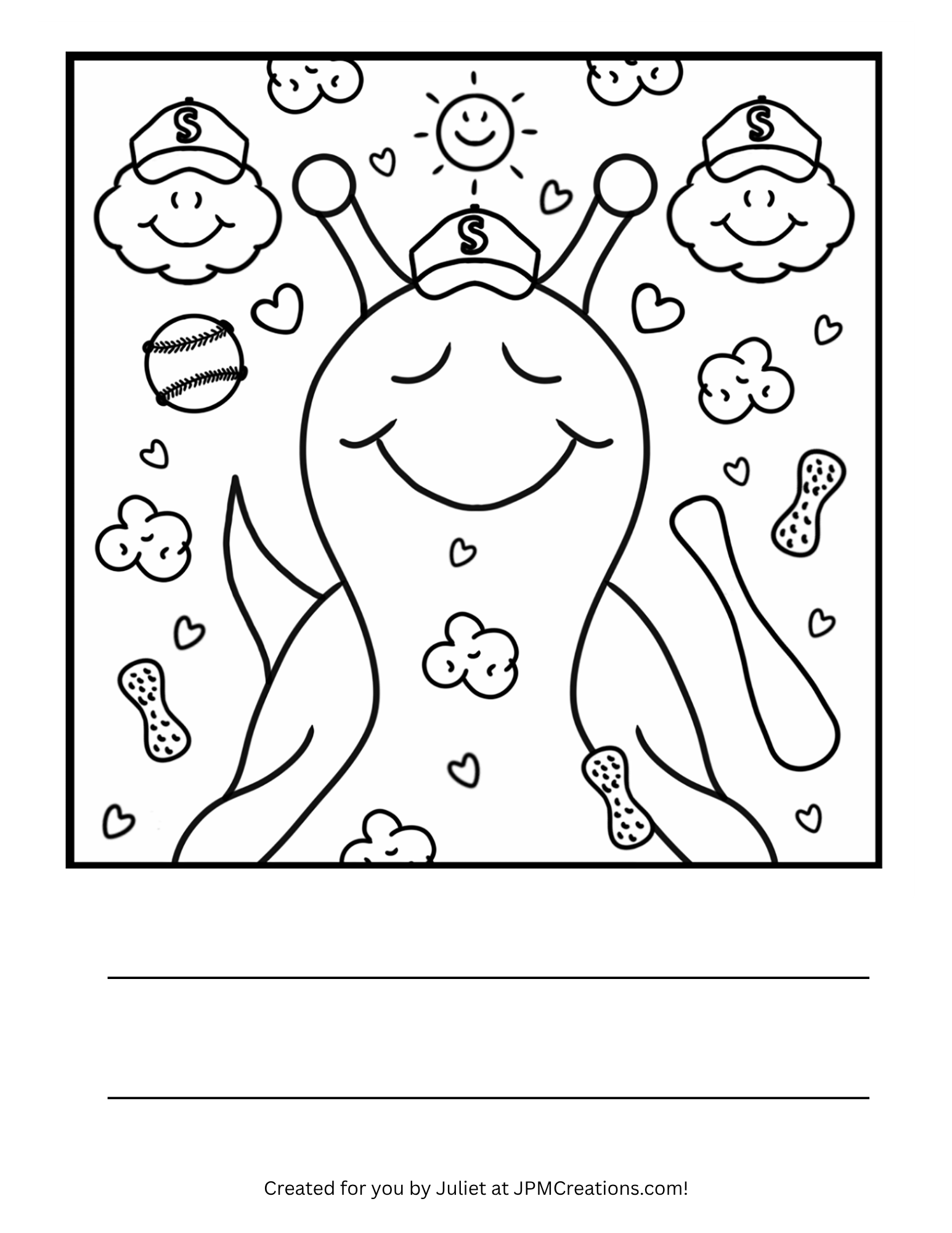 Cute Snail Let’s Play Ball! Baseball Coloring Page