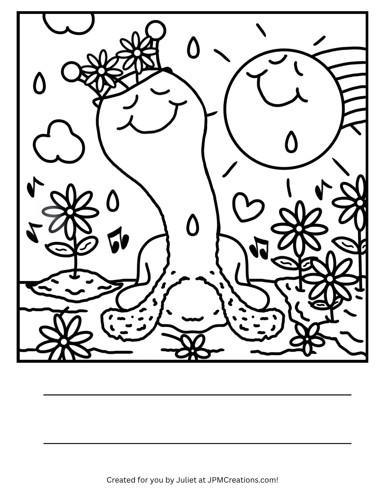 Cute Snail Spring Flowers And Raindrops Coloring Page