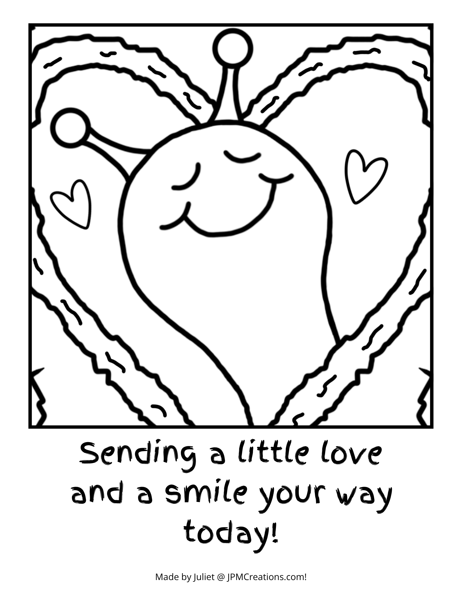 Cute Snail Love And A Smile Heart Tree Coloring Page (Letter Size With Text)
