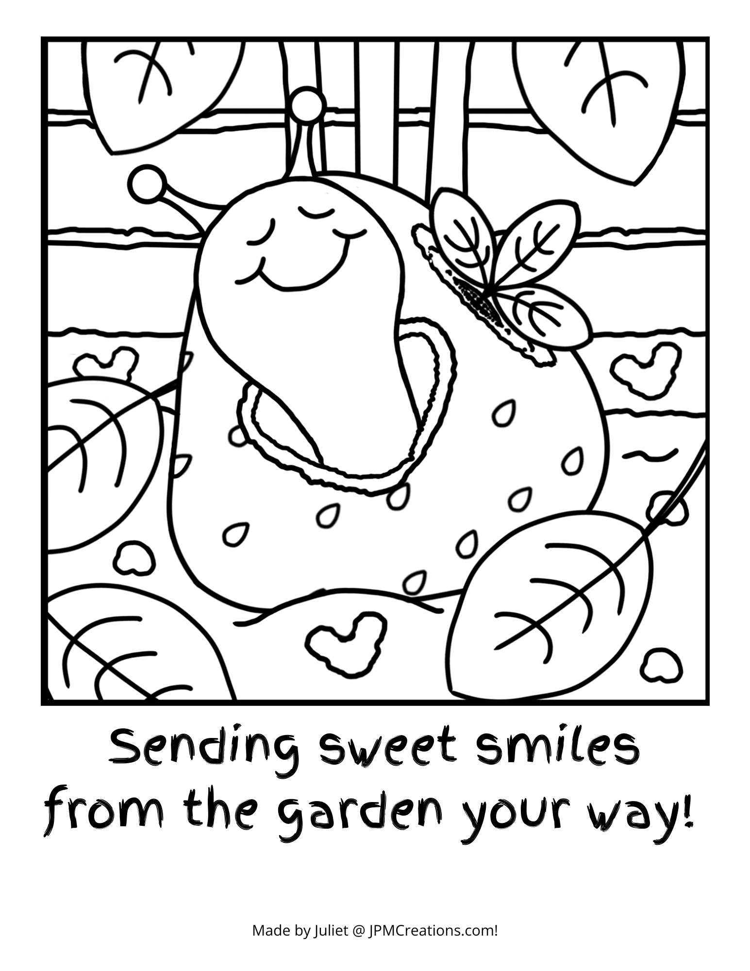 Cute Snail Strawberry Garden Smiles Summer Coloring Page (Letter Size With Text)